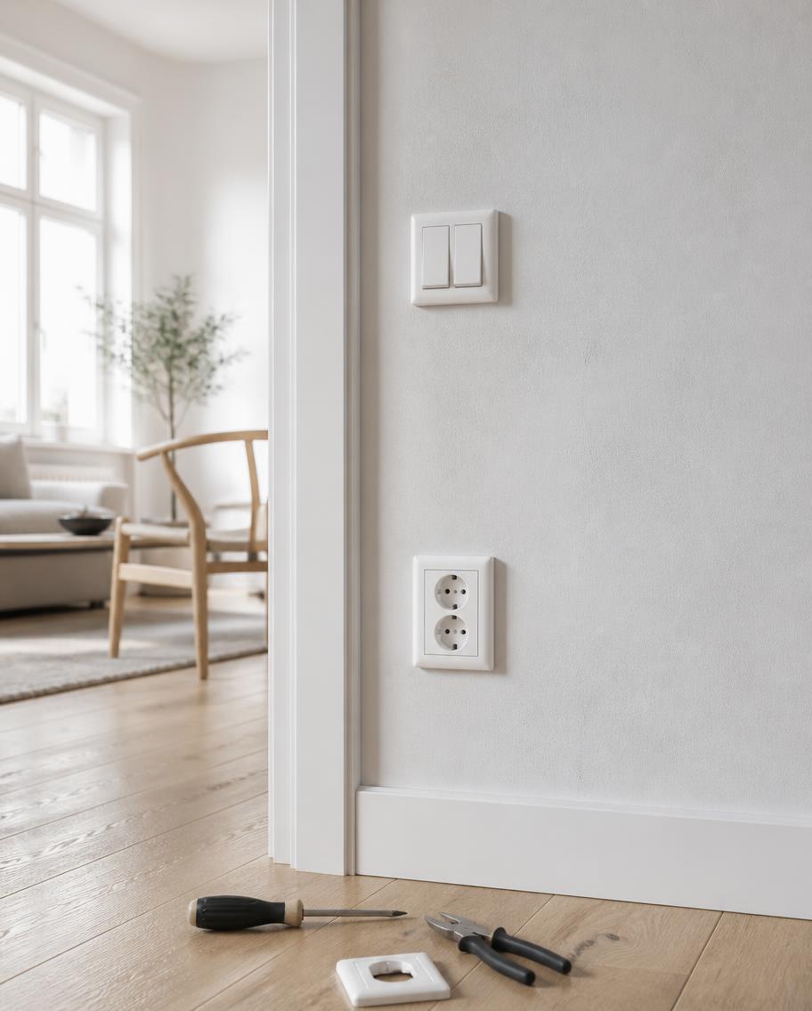 Nyinstallerade vita eluttag och strömbrytare i ljus skandinavisk lägenhet
