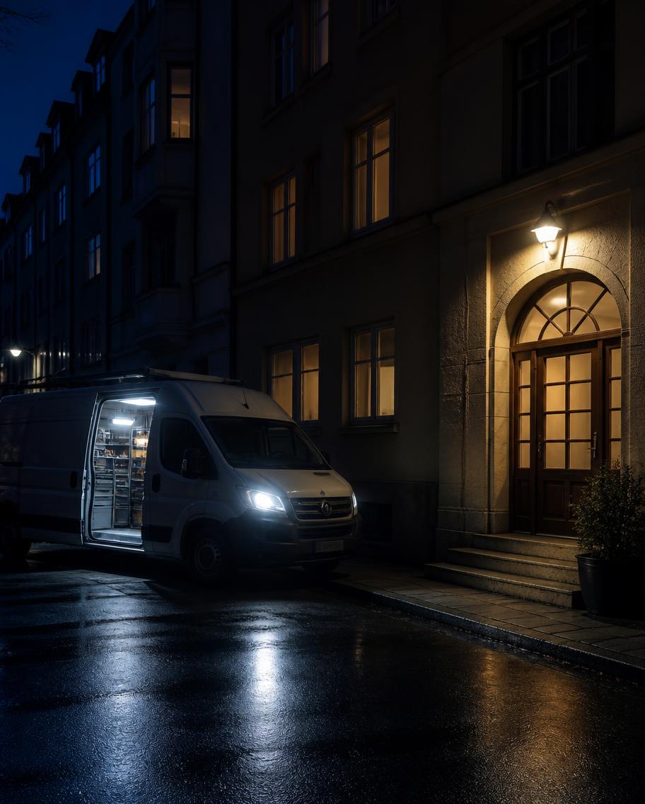 Servicebil med arbetsbelysning utanför stockholmsfastighet på natten